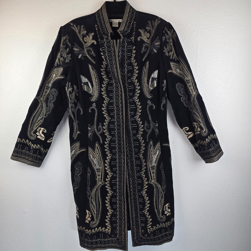 Peter Nygård Velvet Trench Jacket Womens 16 Black Cotton Embroidered Formal Wear